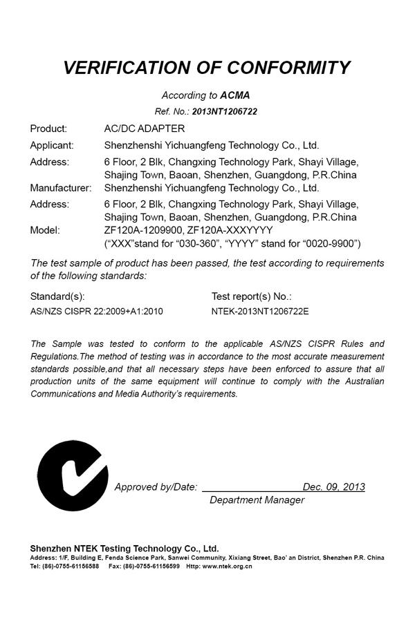 澳规电脑电源适配器C-Tick认证证书